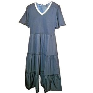 Kate Kasin Womens Black Tier Midi Dress VNeck Metallic Trim Smocked Summer M NEW